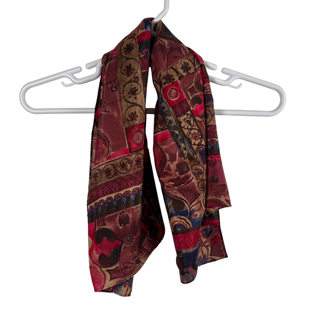 Vtg New York Studio 100% Silk Scarf Womens OS Red Brown Bohemian Retro Academia
